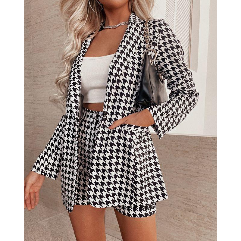 

Women s European American Fashion Floral Print Professional Tailored Suit Suit Thousand bird grid M