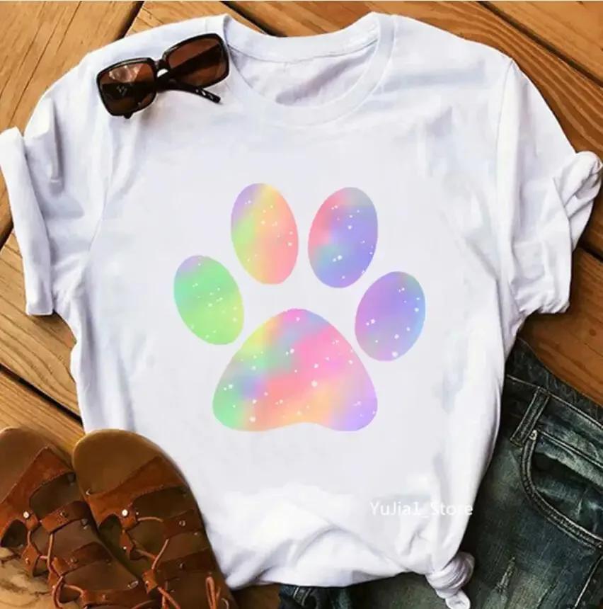 Women's Large Size Short Sleeve Crewneck T-Shirt Cartoon Hand-Painted Dog Paw Print Warm Polyester Fabric Summer Fashion