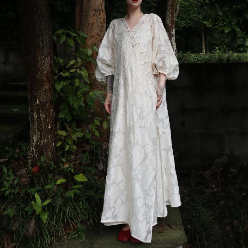 Neo-Chinese Style Jacquard and Frog Button Dress Set for Women Including a Long Waist-cinching Dress Temperament and a Cardigan Two-piece Set
