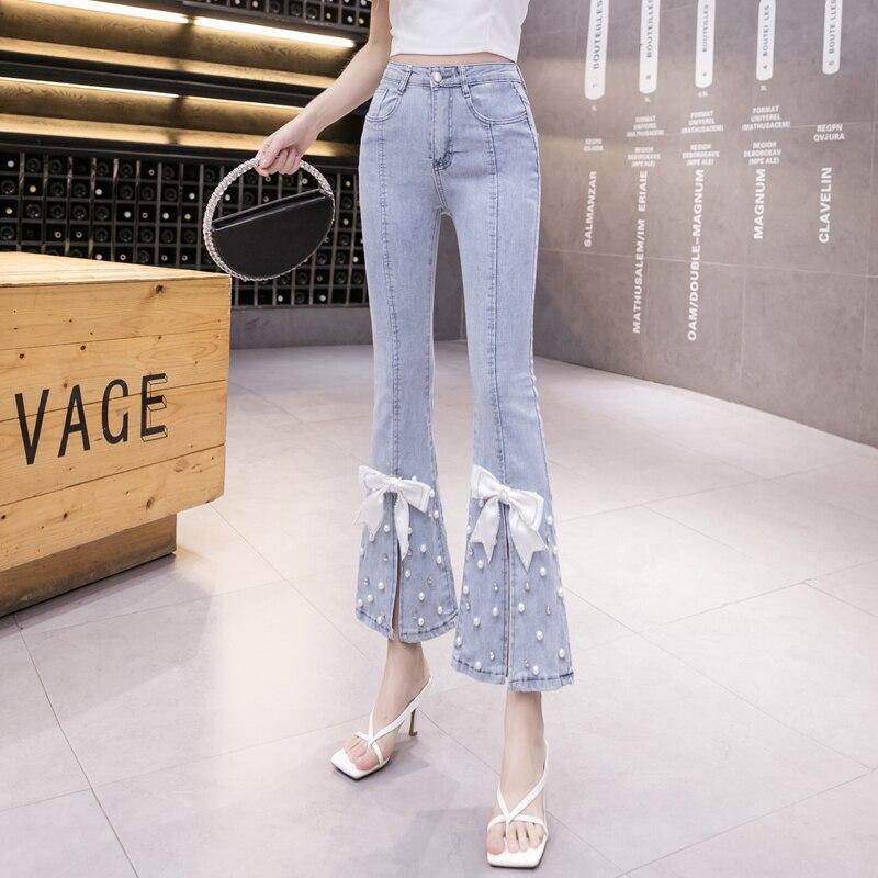 

Весна 2022, женская мода, высокая талия, расшитый бисером и бантом, женские расклешенные джинсы, женские джинсовые капри, брюки, джинсовые брюки для мамы S синий