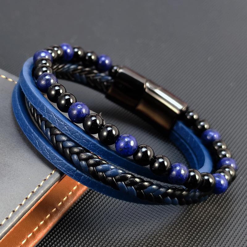 2026 New Punk Men Beaded Bracelets Classic Fashion Blue Lapis Lazuli Beaded Multilayer Leather Bracelet For Men Jewelry Gift