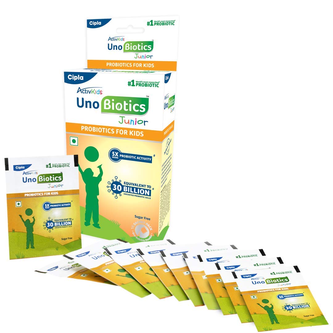 

Cipla ActivKids Unobiotics Junior Probiotics Powder 10 Sachets Boost Gut Health Immunity