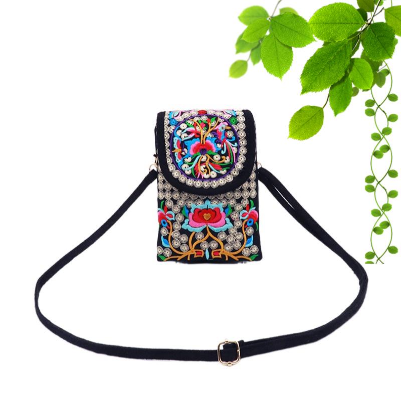 Crossbody Embroidered Womens Ethnic Canvas Handbag With Double Layer For Phone And Coins