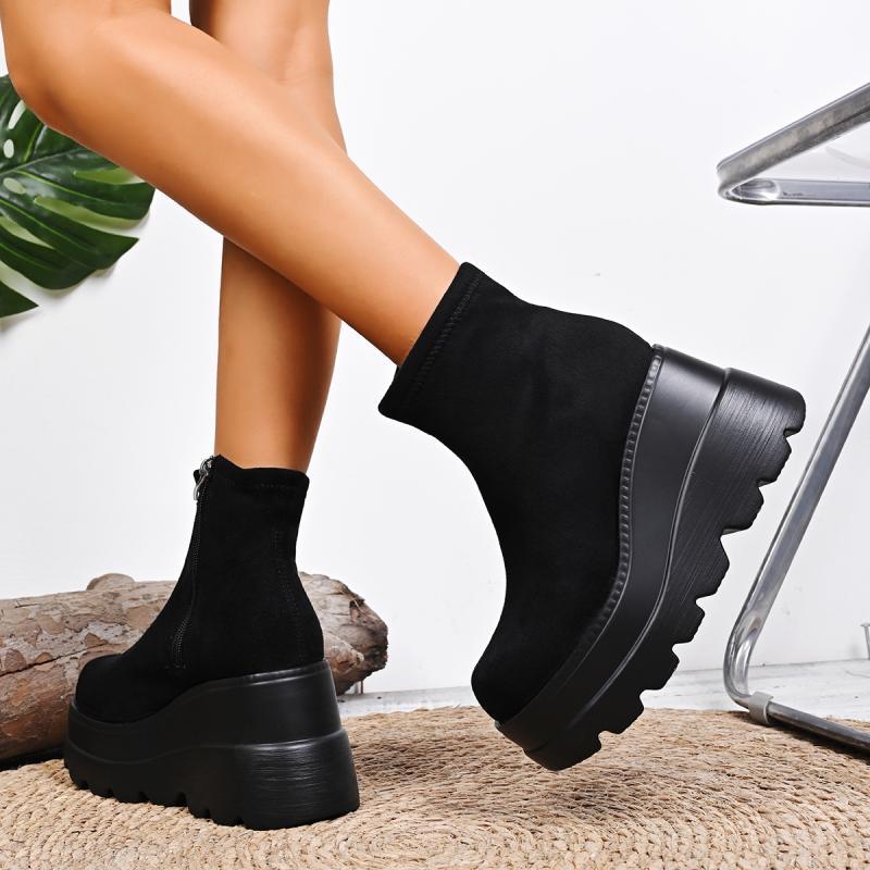 Suede Wedge Heel Ankle Boots Autumn Square Toe Chunky Platform Super High Heel Side Zip Boots Classic Solid Black Botas