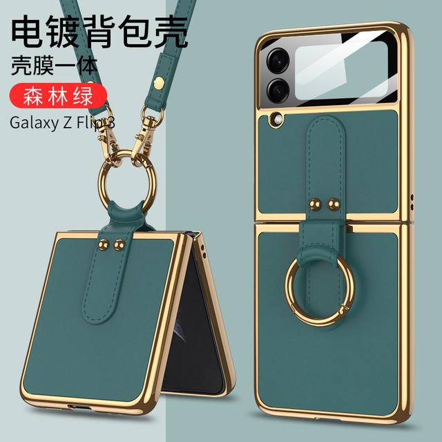 Phone Case For Samsung Galaxy Z Flip3 /4 5gcase Ring Holder Stand Crossbody Shoulder Strap Silicone Anti -Scratch Shookproof Cover