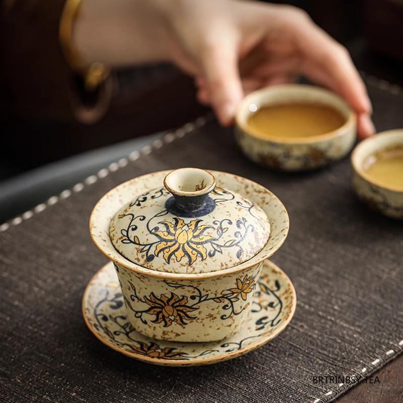 Chinese Retro Handmade Ceramic Gaiwan Hand-painted Flowers Pattern Teacup Household Travel Tea Bowl Portable Teaware Accessories