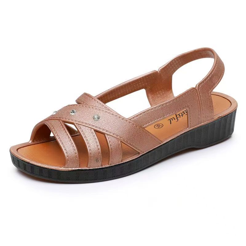 Women's Summer Flat Sole Peep Toe Beach Sandals Shallow Slip On Hollow Out Lightweight Non Slip Middle Aged And Elderly Sandal