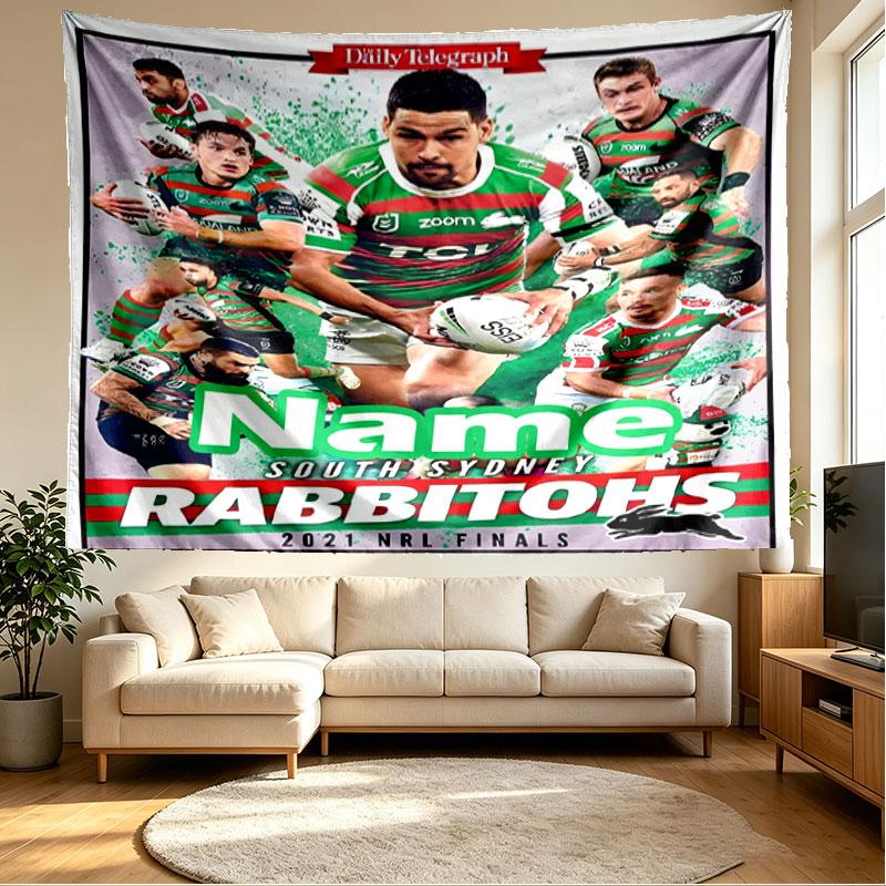 Custom Name Personalized South Sydney Rabbitohs Print Tapestry, Wall Art Decor, Bedroom, Dorm, Apartment, LivingRoom, Party Backdrop, Gift for Birthda