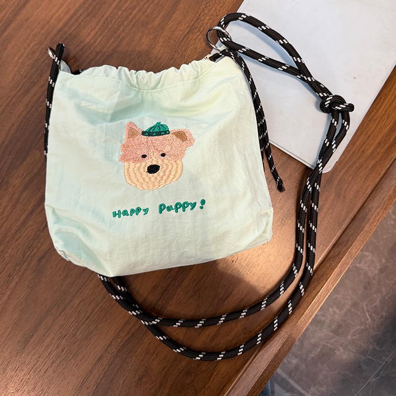 Cute Embroidery Women'S Drawstring Shoulder Bag Cartoon College Girls Book Tote Shopping Bags Large Capacity Female Handbags