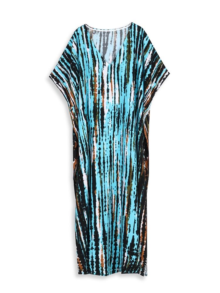 EDOLYNSA 2024 Plus Size Striped Tie-dye V-neck Short Sleeve Kaftan Sexy Swimsuit Coverup For Women Summer Beach Dress House Dresses Q1218