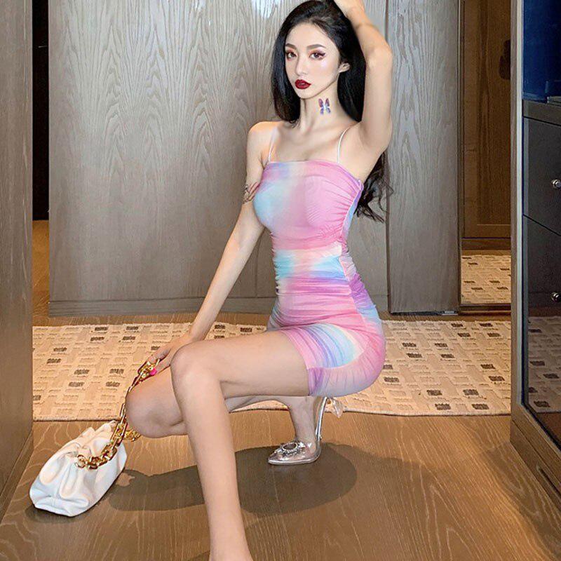 Summer Dress Of Women Rainbow Tight Sexy Suspender Dresses Backless Sling Fashion Above Knee Vestidos