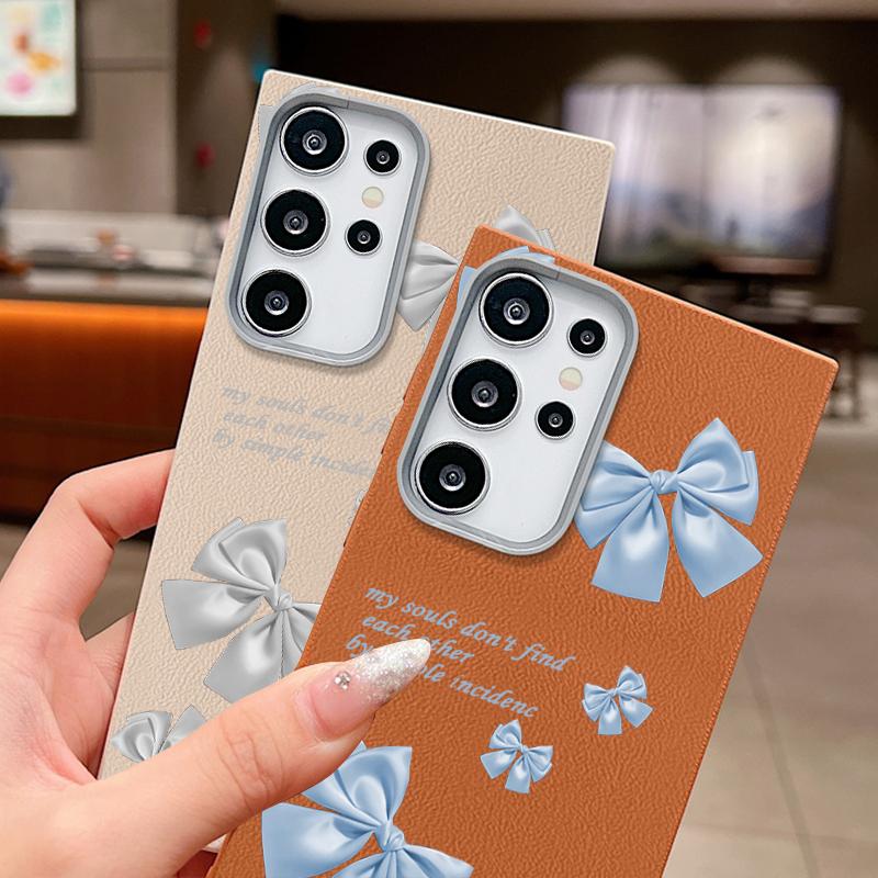 Bowknot Print Leather Texture Slim Matte Case For Samsung S25 Ultra S24 FE S23 A16 A56 A55 A36 A15 A35 Lanyard Rope Shockproof TPU Soft Phone Cover