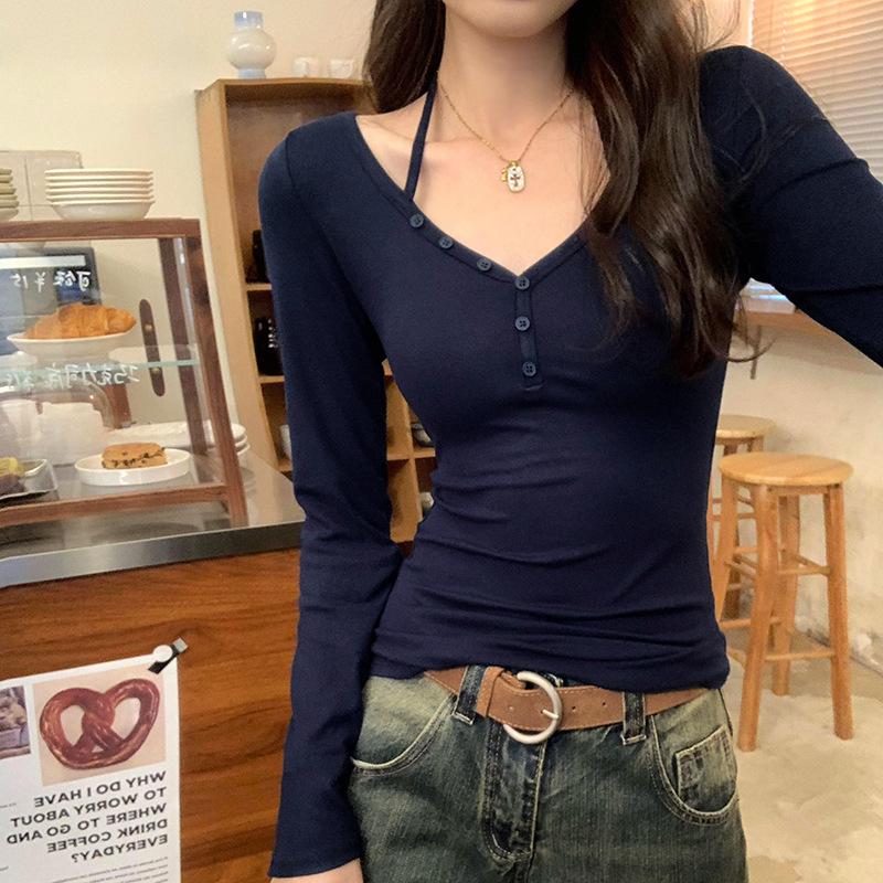 

Stylish Halter Long Sleeve Slim Fit Inner Layer Top for Women - Spring/Autumn L темно-синий