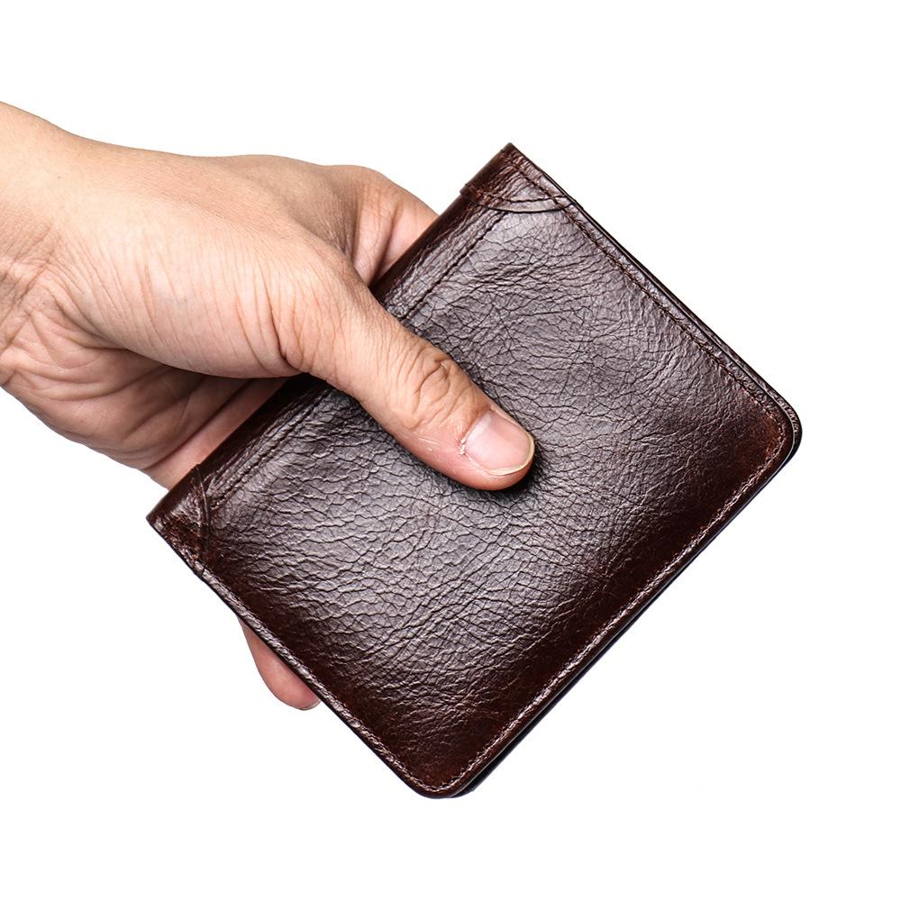 Oil Wax Leather Short Wallet, Leather Anti-Magnetic Dollar Clip, Multi-Card Position Can Be Used As Rfid Card Bag, First Layer Leather Wallet