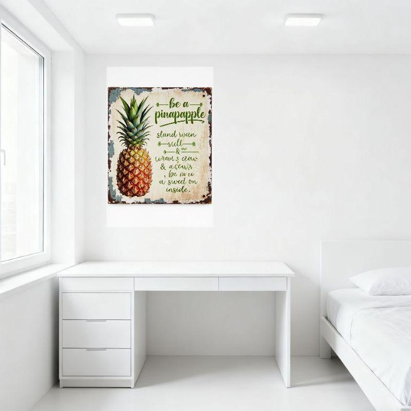 Vintage Rustic Pineapple Metal Tin Sign with 'Be a Pinapple' Whimsical Text - Distressed Tropical Decor for Home Cafe Bar Man Ca