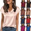 Damen Oberteile Mode Lässig V-Ausschnitt Kurzarm Bluse Business Lässige Oberteile Satin Seide Sommerhemd Arbeits Tuniken Oberteile