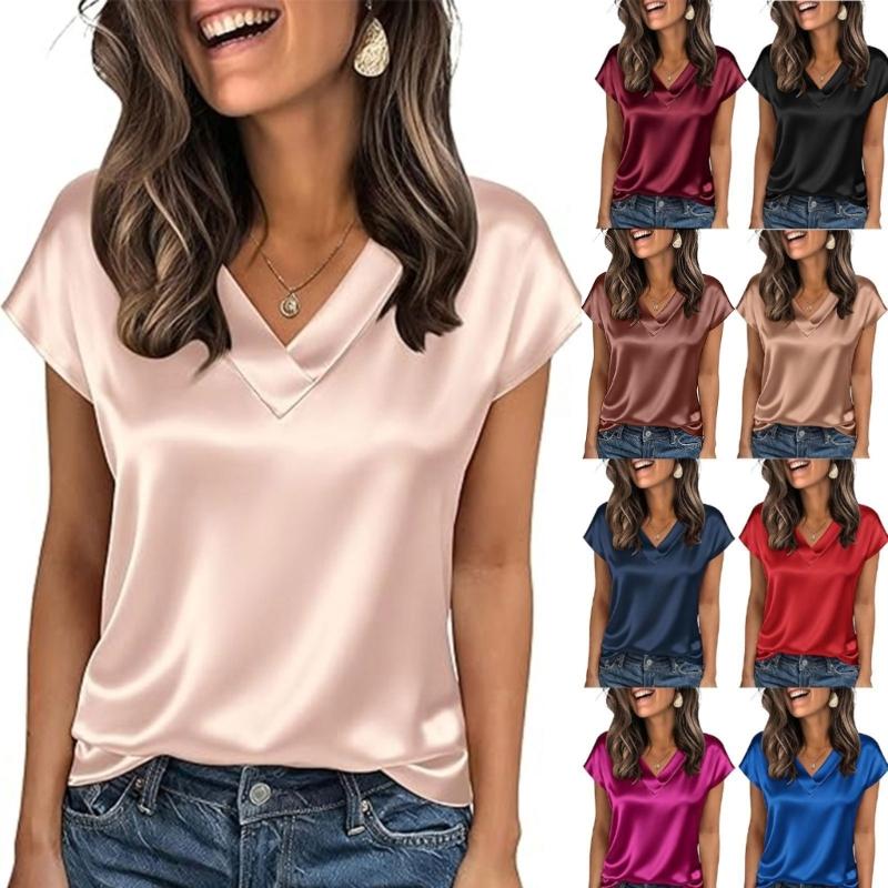 Damen Oberteile Mode Lässig V-Ausschnitt Kurzarm Bluse Business Lässige Oberteile Satin Seide Sommerhemd Arbeits Tuniken Oberteile