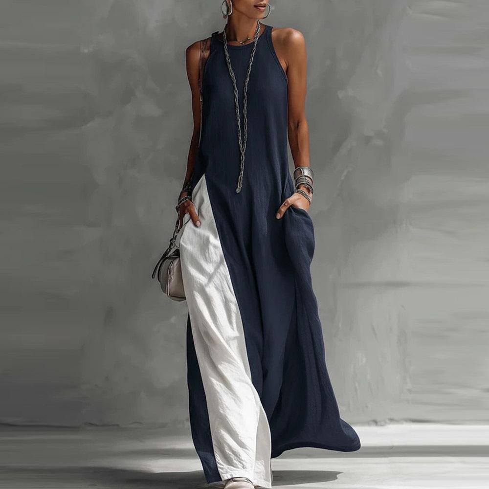 Women's Sleeveless Color Block Off-the-Shoulder Casual Dress with Pockets