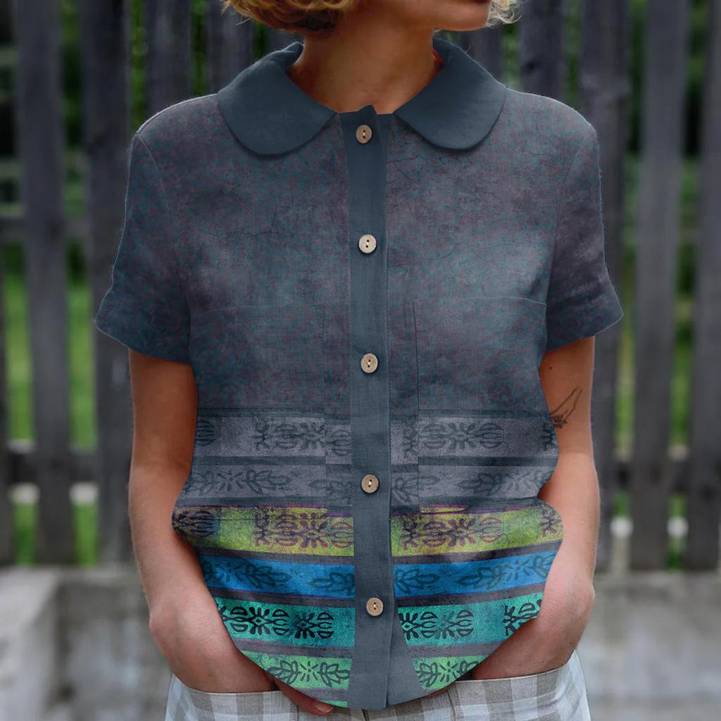 Women's Casual Fashionable Printing O Neck Button Short Sleeved Top