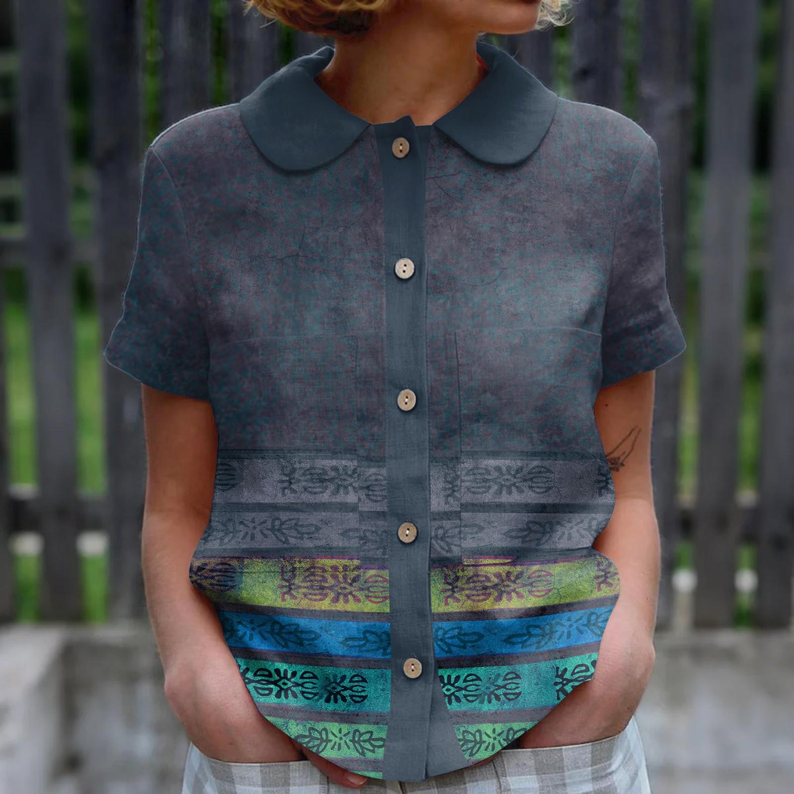 

Women s Casual Fashionable Printing O Neck Button Short Sleeved Top L
