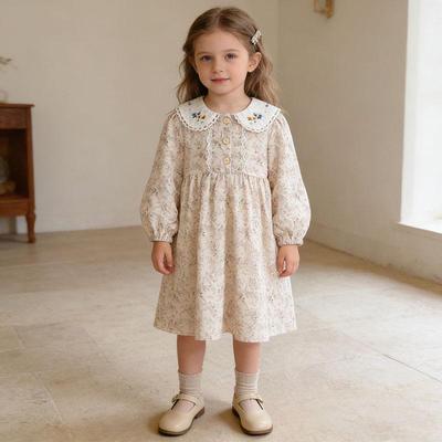 Mädchen-Kleid mit Blumenstickerei und langen Ärmeln - Koreanischer Stil Frühjahrsmode
