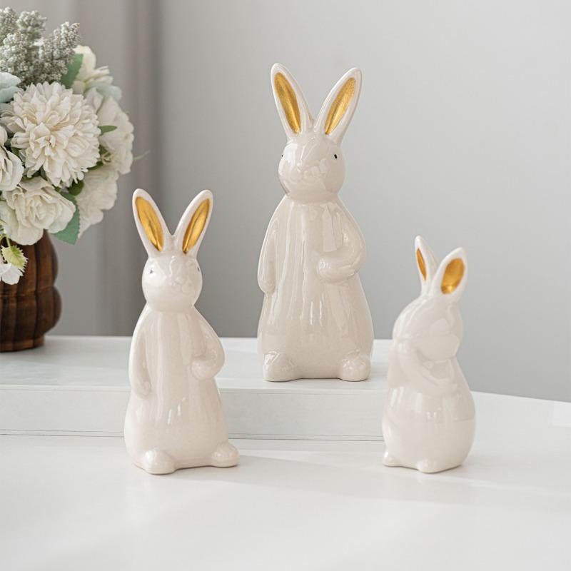 3pcs/set Easter Rabbit Shaped Ornament Office Home Desktop Ceramic Craft Decoration Set for Tabletop Decor & Festival Use