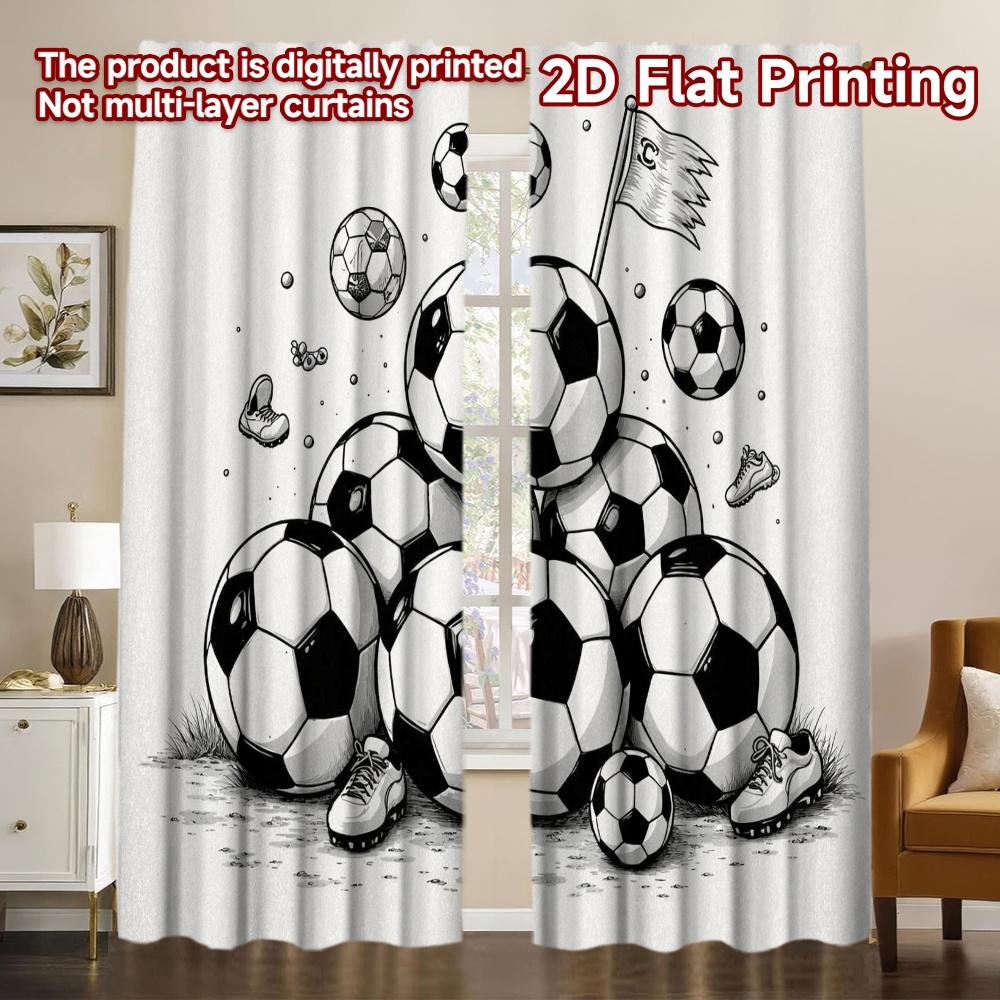 2D FLAT PRINTING 2pcs Curtains (Without Rod) Soccer Balls and Shoes Minimalist Chic Curtains Fabric Curtains Home Decor Use for 60×150cm