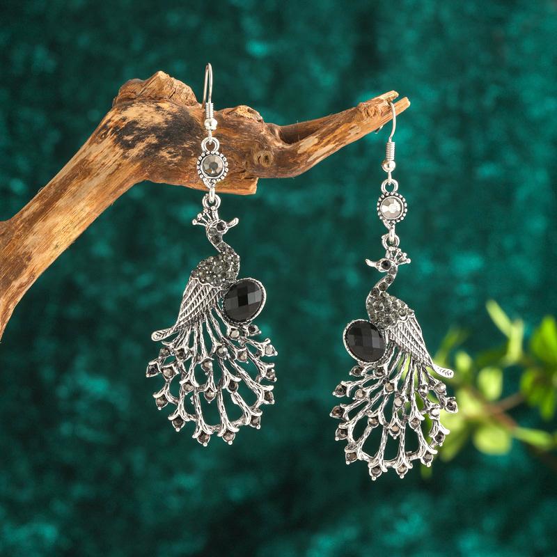Vintage Ethnic Colroful Rhinestone Peacock Dangle Earrings For Women Long Classic Silver Color Animal Earrings Female Jewelry