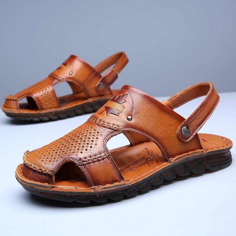 Mens Genuine Leather Breathable Dress Sandals Slip-On Business Casual Shoes With Rubber Sole