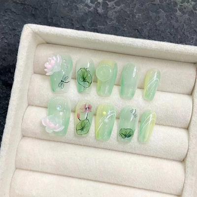 HANDMADE Artificial Nail Chinese Style Hand-painted Green Lotus Fake Nail Set With Glue Reusable and Removable Press On Nails