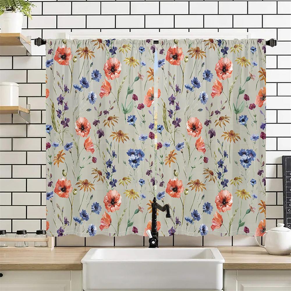 2Pcs Painted Wildflower Curtains Spring Floral Pattern Living Room Bedroom Kids Room Sunshade Country Style Decor Curtains