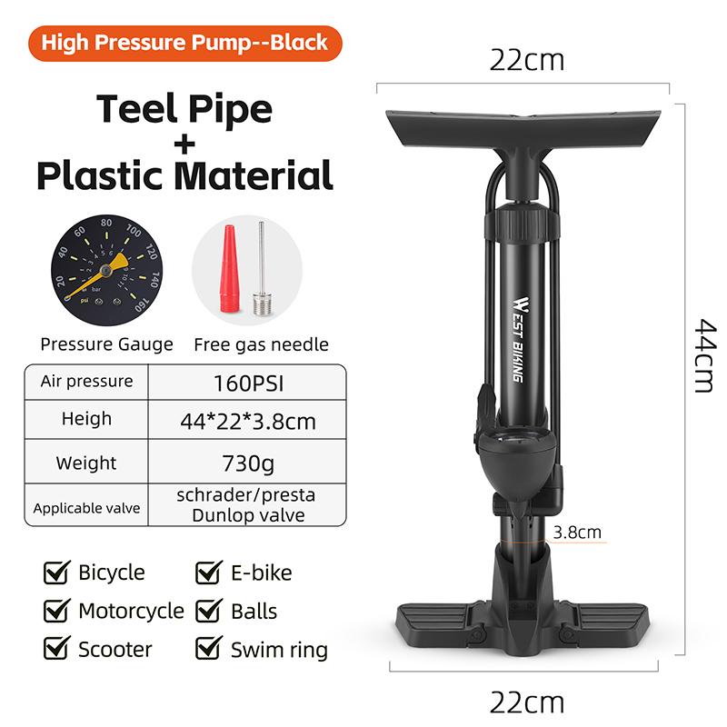 WEST BIKING Bicycle Pump 160PSI Portable Steel Vertical Pump Schrader Presta Valve Inflator MTB Road Bike Pump Bike Accessories 0711153 Black