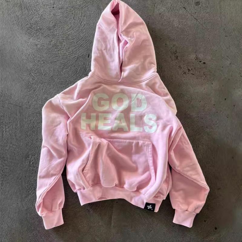 God Heals Unisex Printed Letter Hooded Sweatshirt - Loose Fit, Trendy Design XS розовый