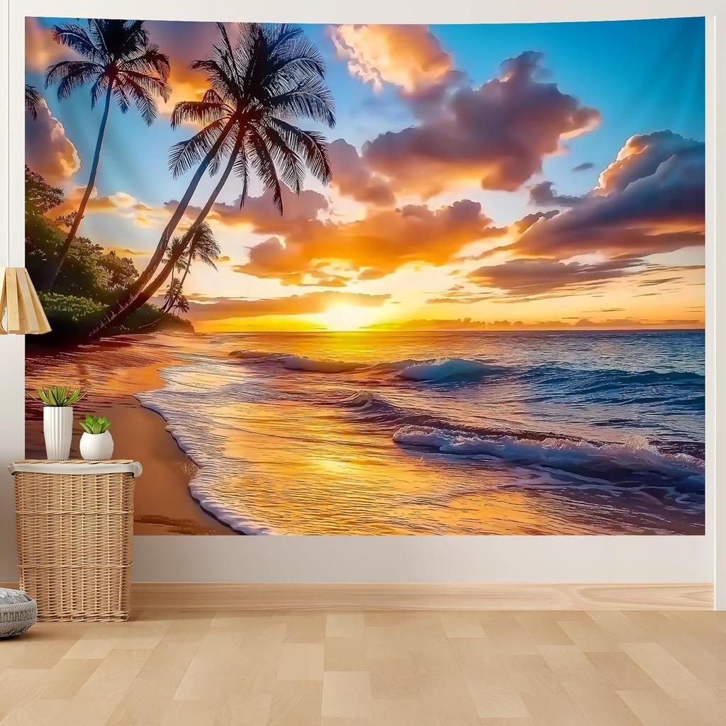 AOHMPT Ocean Sunset Tapestry, Beach Evening Sunset Tapestry, Natural Beach Palm Tree Landscape Poster, Seaside Landscape Wall Hanging for Bedroom,