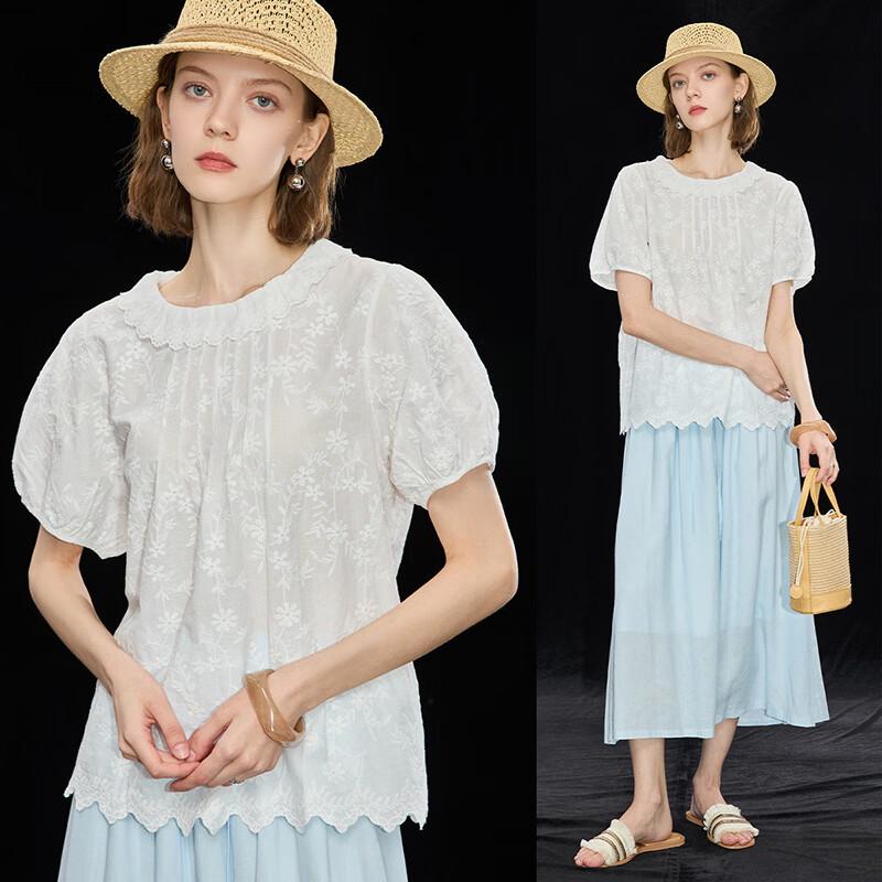 Retro Embroidered Lace Cotton Blouse M