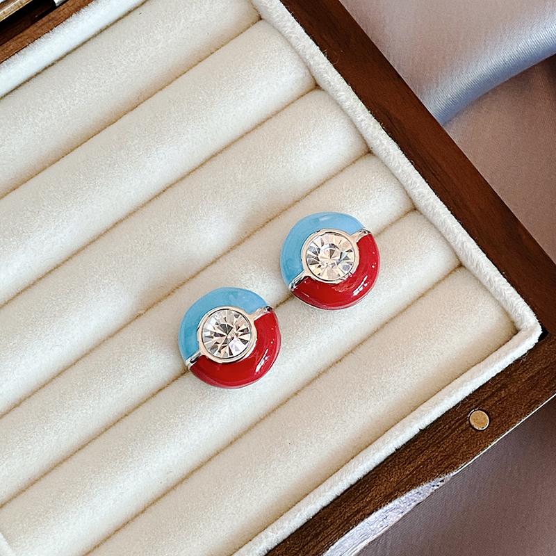 

High Grade Red Blue Enamel Patchwork Circular Zircon Earrings For Girls Simple Classic Accessories Women‘s Fashionable Jewelry