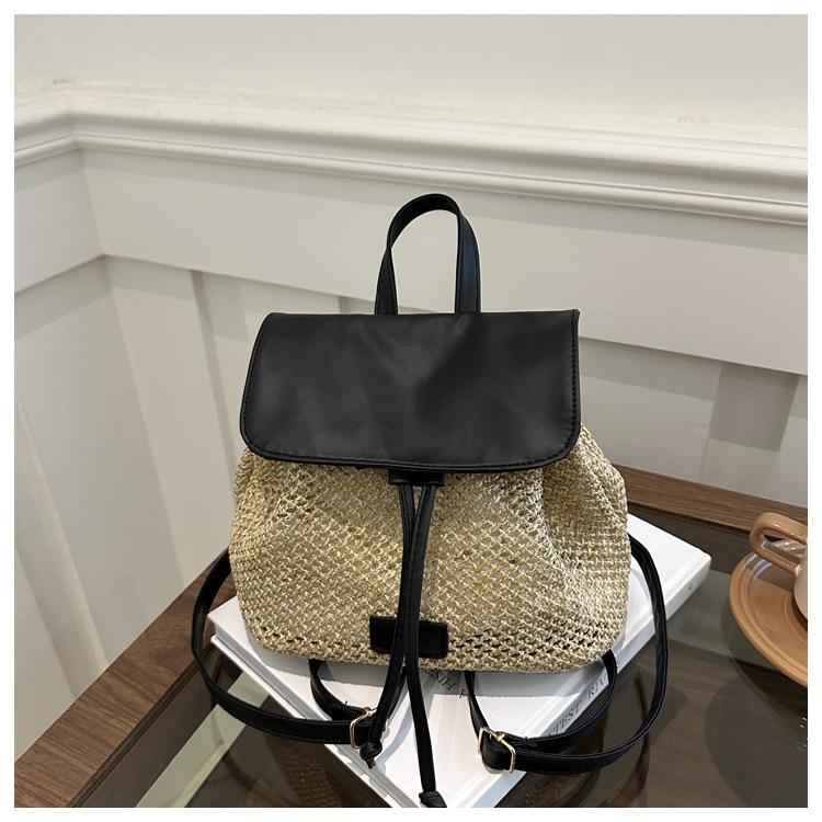2024 Casual New Fashion Summer Foreign Style Design Straw Weaving Leisure Travel Double Shoulder Small Backpack Bag Women