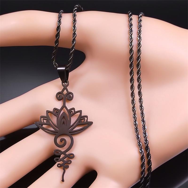 Artistic Lotus Flower Pendant Necklace for Women Men Stainless Steel Black Color Yoga Healing Chakra Necklaces Goth Jewelry