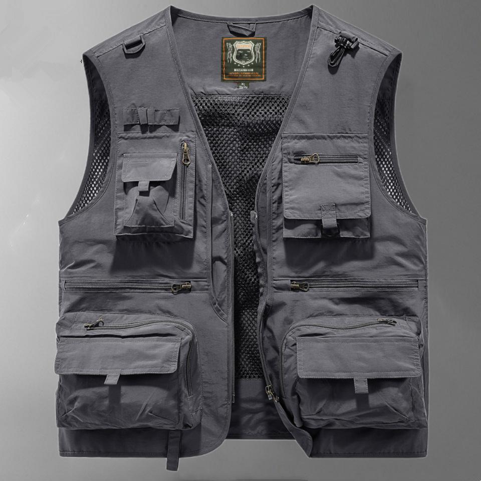 

Новый летний жилет для работы на открытом воздухе для мужчин с несколькими карманами, тонкий жилет для рыбалки и фотосъемки, мужской жилет, пальто 4XL серый