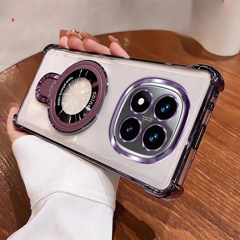 Luxury Glossy Plating Edge Magnetic Bracket Case for Xiaomi 15T 14T 13T Pro Poco F8 F7 X7 Pro Redmi Note 15 14 13 Pro  Shockproof Airbag Protect Cover