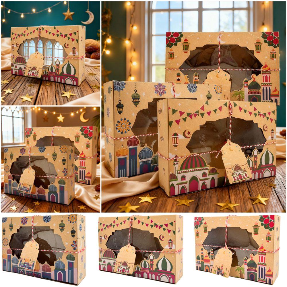 3PCS Multicolor Eid Mubarak Packaging Boxes Kraft Paper PVC Window Ramadan Gift Box Mixed Pattern Rectangle Packing Box