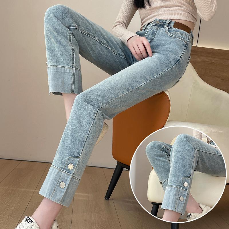 

Summer 2024 Women s Slimming High-Waisted Patchwork Straight-Leg Jeans - Thin Petite Cigarette Pants M