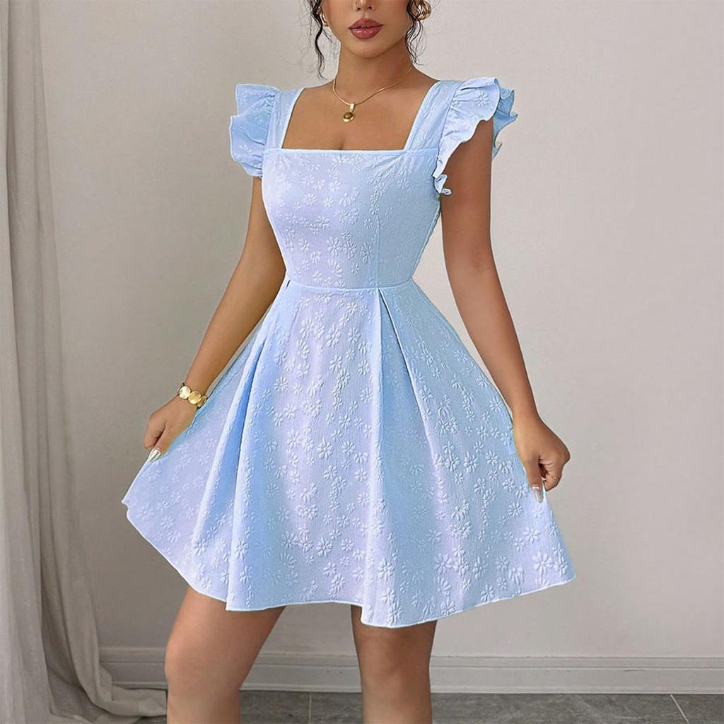 Women's Fashionable Color Square Collar Pullover Fresh Sweet Short Skirt With Waist Cinched A-line Dress