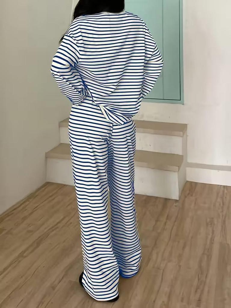 European-American Women's Striped Long Sleeve Top & High Waist Pants Set - Autumn 2025 Fashion Casual Wear.