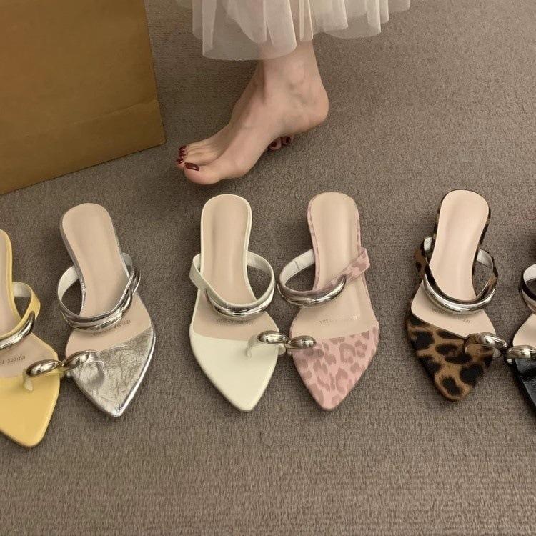 Leopard Print Toe Slippers Female Outer Wear Fairy Metal Buckle Fashion Slope Heel Pointed Toe Cover Cool Slippers