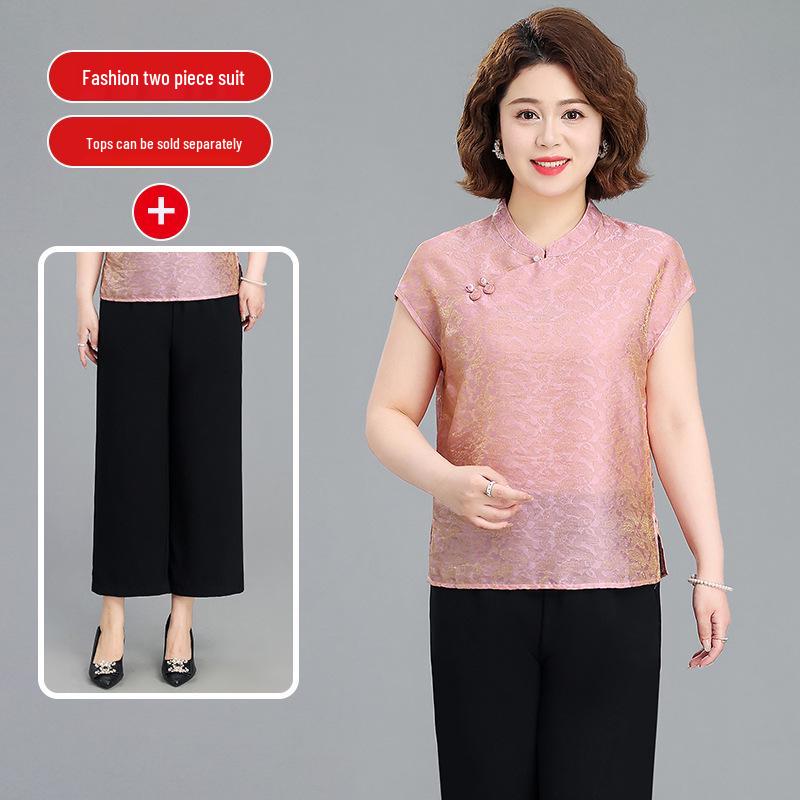 Mom's Chic Summer Chinese Style Two-Piece Short-Sleeve Top for Middle-Aged Women