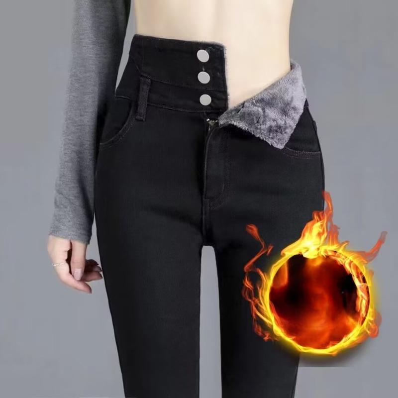 Fashion New Black Velvet Jeans Women Autumn and Winter High Waist Slim Fit Tight Plush Denim Pencil Pants Women Vintage Casual Jeans Trousers 25294