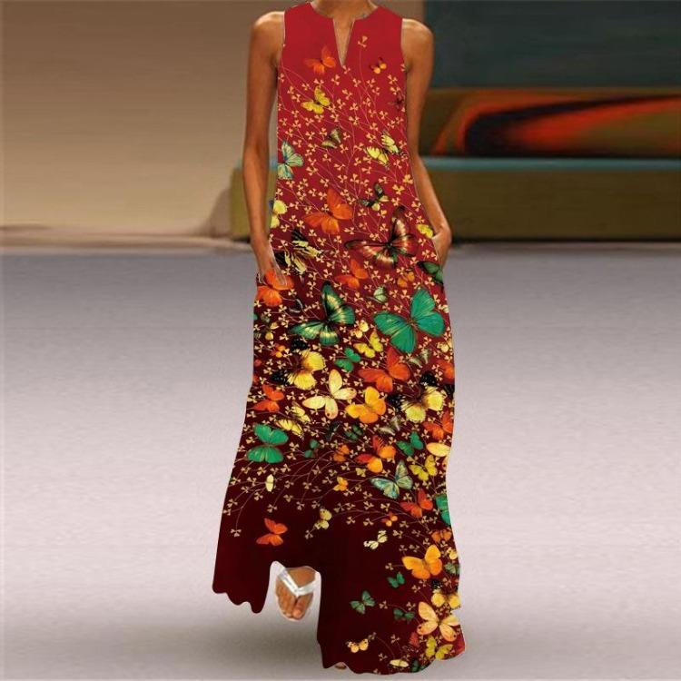 Sleeveless V Neck Retro Printed Multicolor Maxi Dress with Pockets