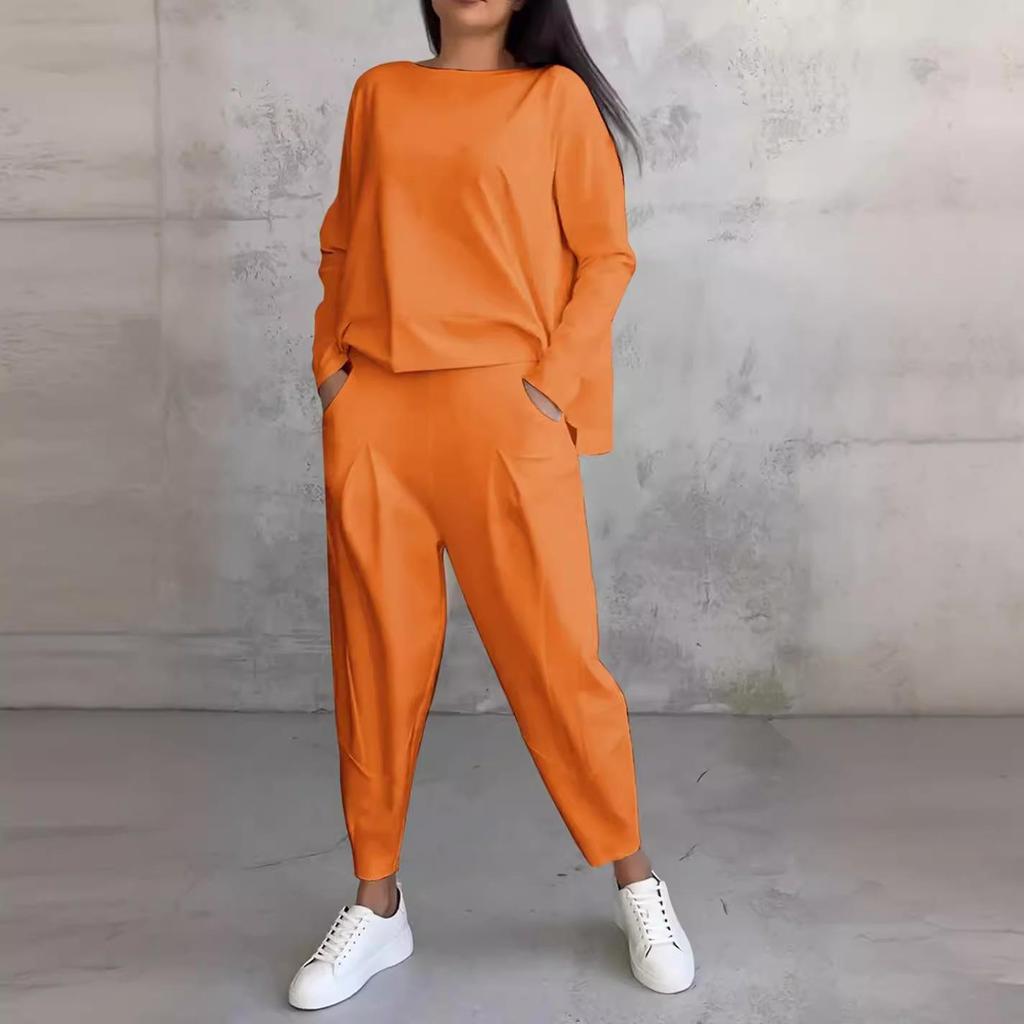 2025 Women's Solid Color Round Neck Long-Sleeve Top and Pocket Pants Suit