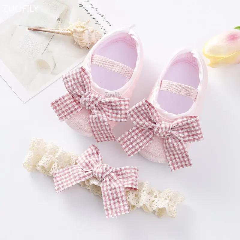 Spring Infant Baby Girl Shoes Newborn Lace Flowers Headband Anti-Slip Soft Sole First Walkers Toddler Kids Cotton Baptism Shoes